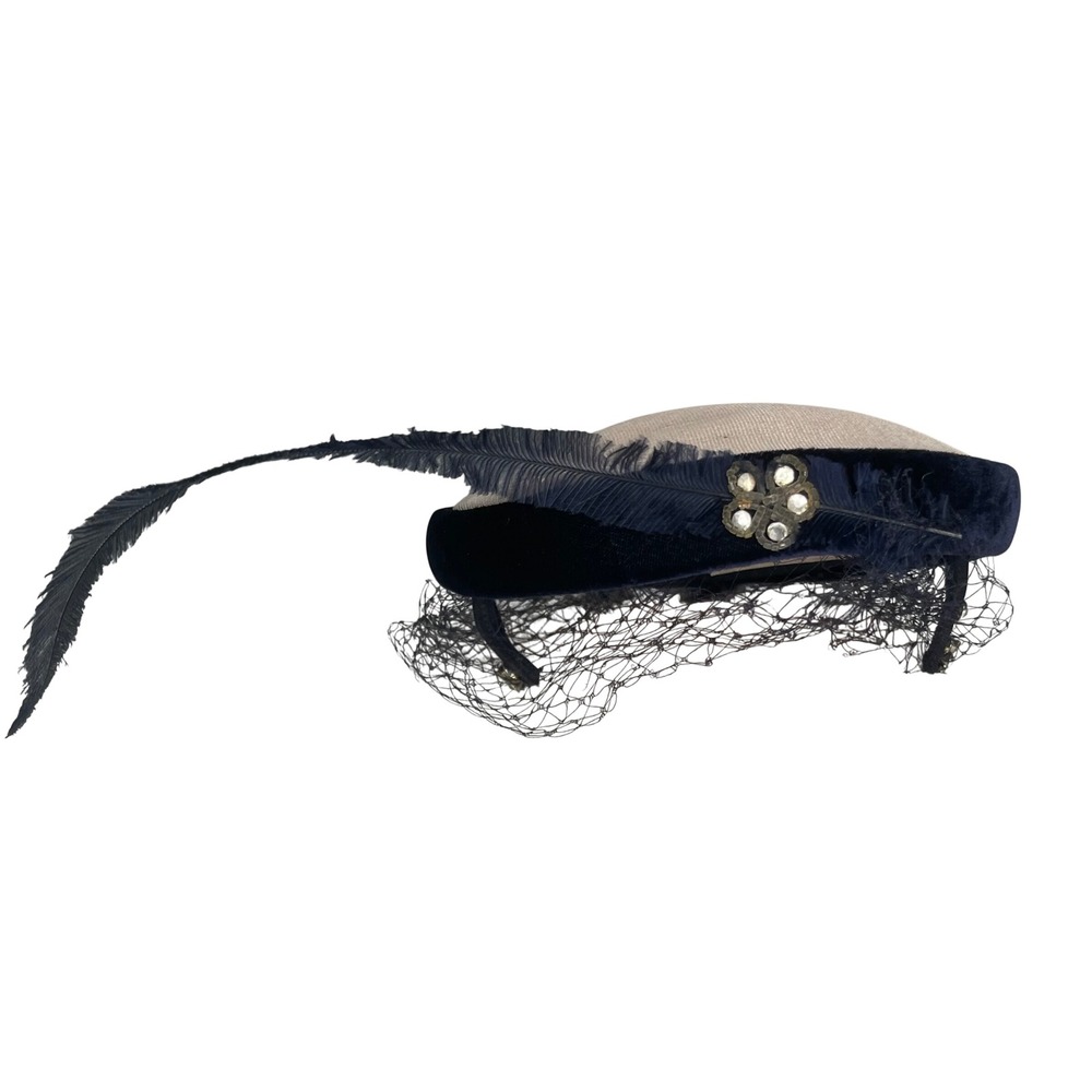 Vintage DuBarry French Adaptations Navy Velvet Pillbox Hat Feather Veil Brooch
